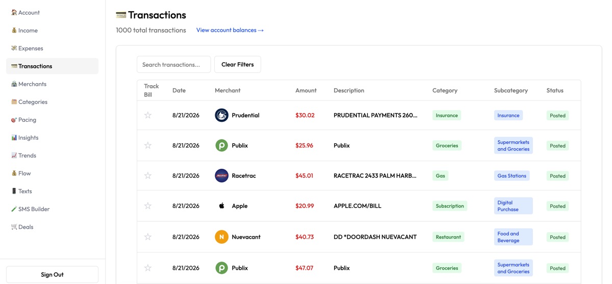 Personal finance app screenshot